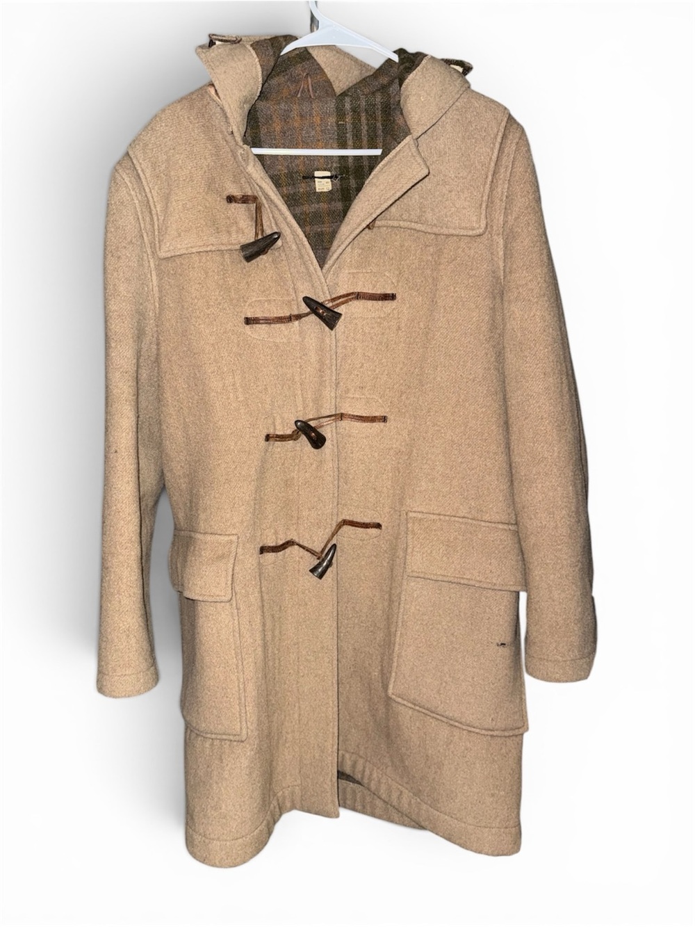 Men's Tan Wool Duffle Pea Coat with Hood